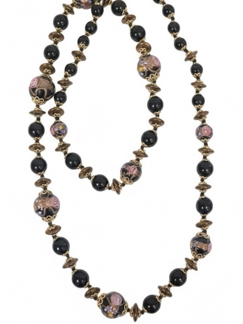 Murano Venetian Black and Pink Floral Wedding Cake Beads 30”